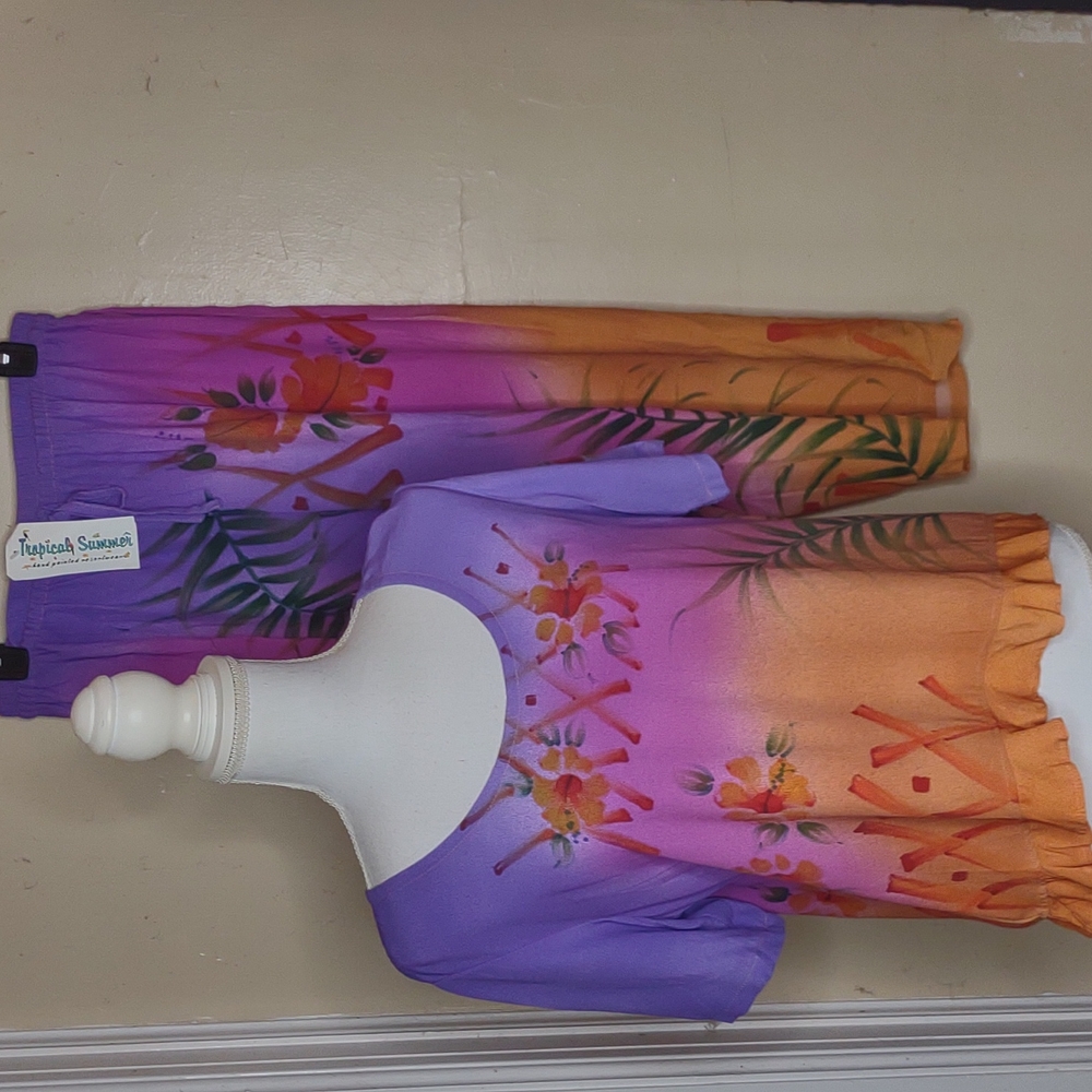 Vintage Tropical Summer Hand Painted Capri Pants Outfit M NWT
